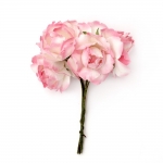 Роза букет хартия и тел 25x70 мм къдрава бяло и розово -6 броя