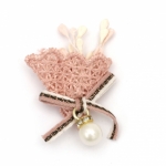 Текстилен елемент за декорация цвете с панделка и перла с кристали 40x30 мм цвят розов -5 броя