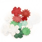 Цветя от хартия релефни от 25 мм до 60 мм бели, зелени, червени -3 гр. приблизително 30 бр.