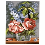 Комплект за рисуване по номера 30x40 см -Ваза с рози и сини цветя -платно с клинова подрамка и схема,бои и 3 броя четки