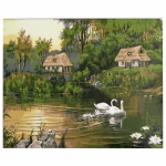 Комплект за рисуване по номера 40x50 см -Езерото с лебедите -платно с клинова подрамка и схема,бои и 3 броя четки