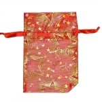 Торбичка подаръчна шифон, 10 x 15 cm, червена със златни звезди