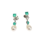 Обици Светлозелен Смарагд, Изумруд, Циркон и Перла със Сребро 925 и Родий